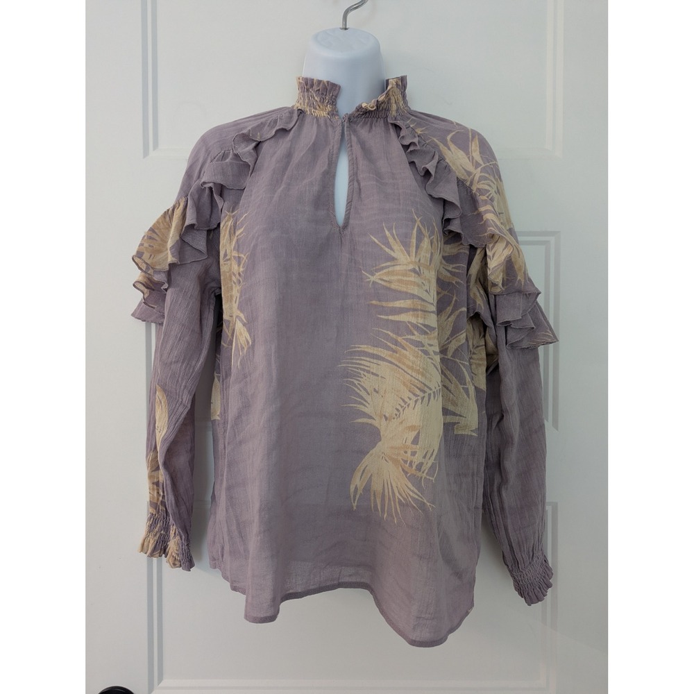 Yaya Women Purple Palm Print‎ Ruffle Blouse Smocked Neck Keyhole Top Size 34 EU
